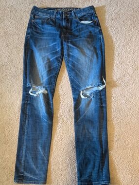 American Eagle Outfitters Men's Dark Blue Distressed Slim Jeans